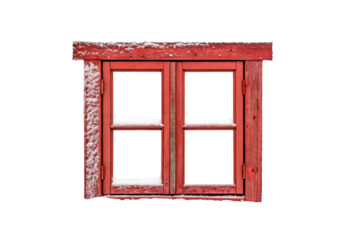 Weathered red barn window with double panels covered in winter frost, isolated on a transparent background