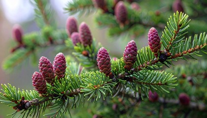 spruce tree branches, cones and shoots elongate in spring