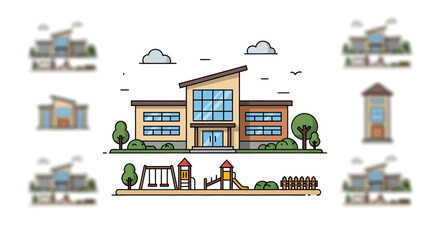 Illustration of a school building in front of mountains with education icons.