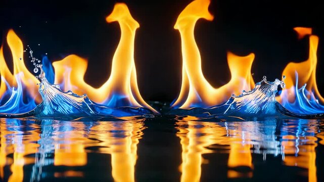 Dynamic interplay of fire and water with reflective surface. Splashes and flames create a striking visual contrast against a dark backdrop.