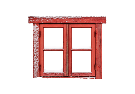 Weathered red barn window with double panels covered in winter frost, isolated on a transparent background