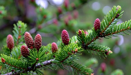 spruce tree branches, cones and shoots elongate in spring