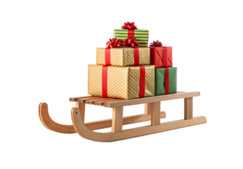 Wooden sleigh with stacked wrapped Christmas presents in polka dot and striped paper, isolated on a transparent background