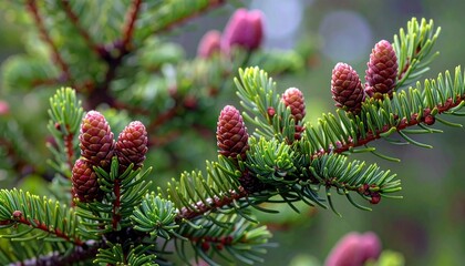spruce tree branches, cones and shoots elongate in spring