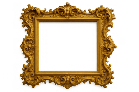 Ornate gold picture frame with baroque rococo style, decorative vintage design, luxury art object on transparent background