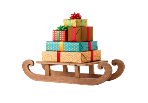 Wooden sleigh carrying stacked colorful wrapped Christmas gift boxes with ribbons and bows, isolated on a transparent background
