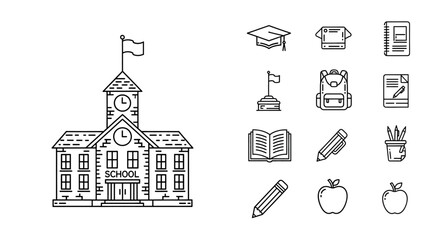 Line art illustration of a classic school building with a clock tower and a collection of education-related icons including a graduation cap, backpack, books, pencils, and apples.