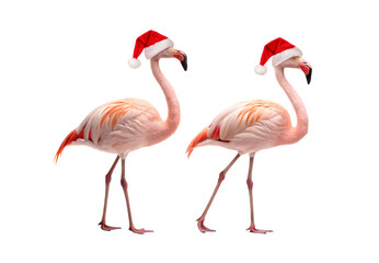 Obraz premium Two pink flamingos wearing red Santa hats standing side by side in elegant poses, isolated on a transparent background