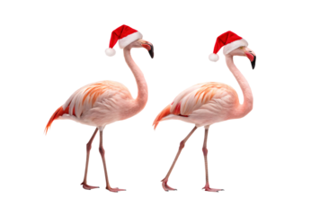 Two pink flamingos wearing red Santa hats standing side by side in elegant poses, isolated on a transparent background