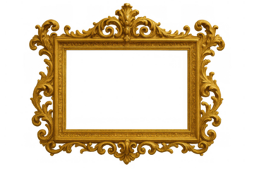 Ornate gold picture frame with intricate baroque rococo carvings, elegant antique scrollwork, isolated on transparent background