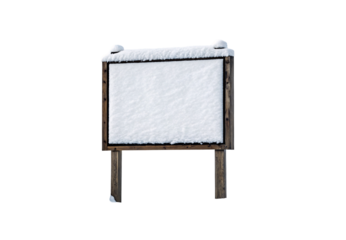 Wooden notice board with white blank surface covered in snow on posts with winter frost, isolated on a transparent background