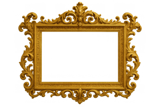 Ornate gold picture frame with intricate baroque rococo carvings, elegant antique scrollwork, isolated on transparent background