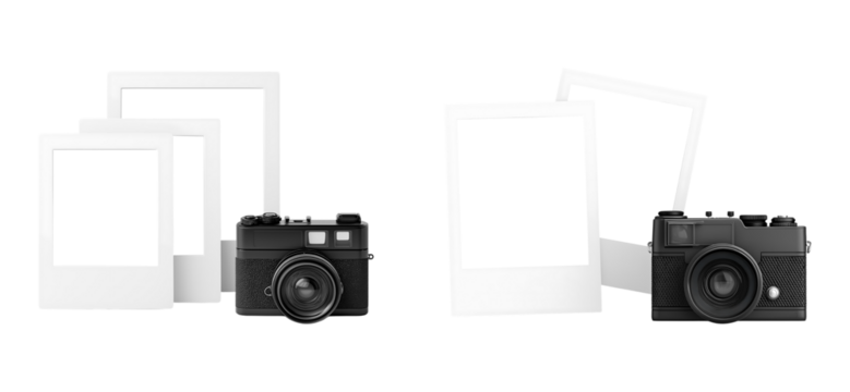 Retro Camera and Blank Instant Photos: Memory Mockup isolated on transparent background