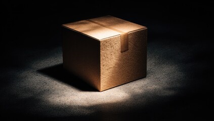 Lit cardboard box on floor. Ominous spotlighting on package