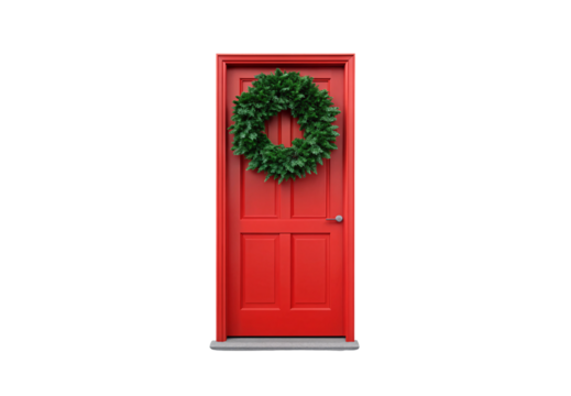 Bright red paneled door with matching frame displaying full lush green evergreen wreath without decorations centered, isolated on a transparent background