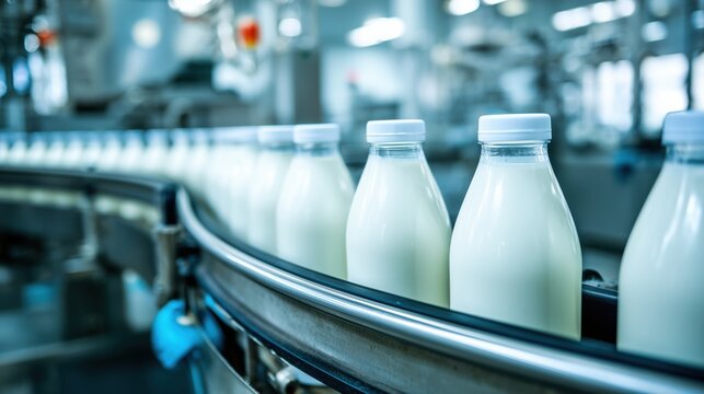 Milk bottles moving along a conveyor belt in a modern dairy factory