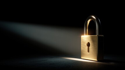 Fototapeta premium Gold metallic padlock standing in a strong horizontal beam of light on a black background