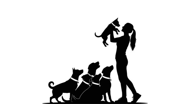 Silhouette woman with dogs pets animal canine friend vector art
