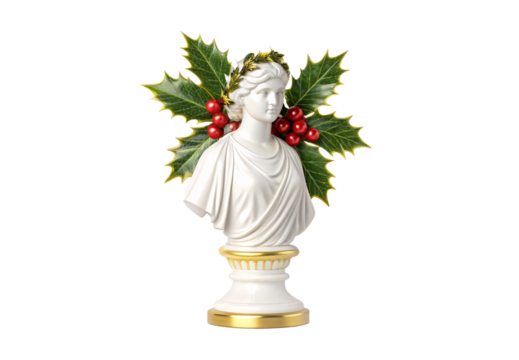 Neoclassical bust adorned with holly leaves, golden laurel crown and red berries, isolated on a transparent background