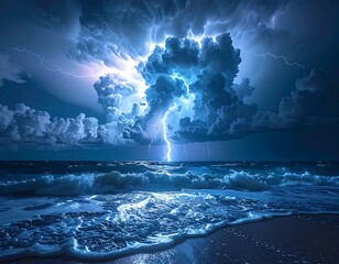 Dramatic view of ocean waves, beach, and lightning storm