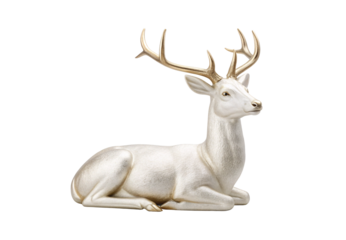 Reclining ivory-toned stag with impressive antler spread in peaceful repose pose, isolated on a transparent background