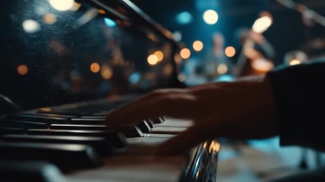 Close-up on hands playing piano keys with bokeh lights in background