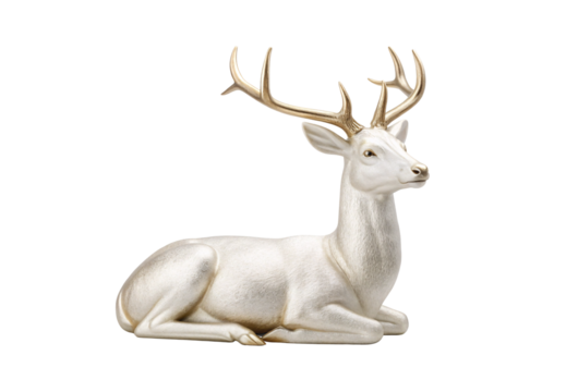 Reclining ivory-toned stag with impressive antler spread in peaceful repose pose, isolated on a transparent background