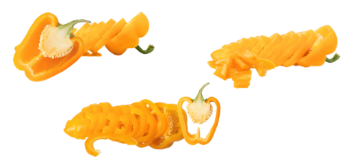 creative composition showcasing segmented yellow bell pepper halves and neatly stacked horizontal slices isolated on a dramatic transparent background, perfect for culinary themes.
