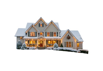 Snow-covered house with Christmas lights, illuminated windows, winter evening scene, festive holiday home decorated beautifully, isolated on a transparent background