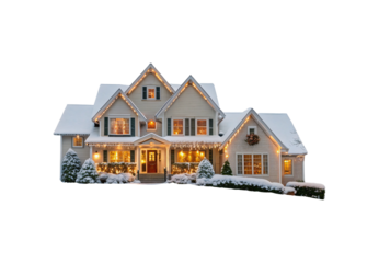 Snow-covered house with Christmas lights, illuminated windows, winter evening scene, festive holiday home decorated beautifully, isolated on a transparent background