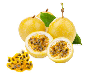 group of whole yellow passion fruits (maracuja) alongside halves exposing the dark seeds and edible pulp, garnished with a green leaf and isolated on black.