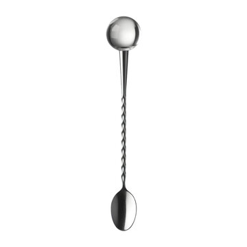 A polished silver bar spoon with a twisted handle and a round muddler end isolated on transparent background