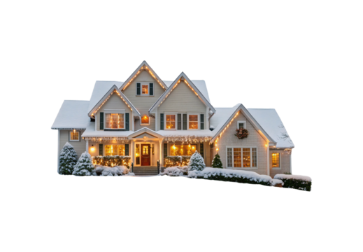 Snow-covered house with Christmas lights, illuminated windows, winter evening scene, festive holiday home decorated beautifully, isolated on a transparent background