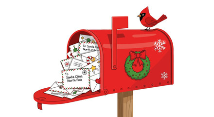 Charming red mailbox overflows with holiday letters to Santa, a festive cardinal perches atop, ready for Christmas magic.