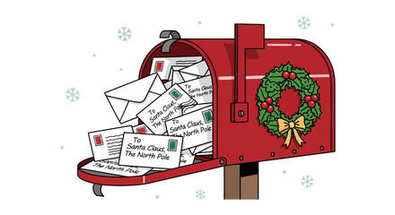Bursting red mailbox overflows with letters to Santa Claus, adorned with a festive holly wreath and snowflakes, capturing holiday magic.