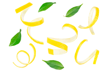 collection of vibrant yellow lemon zest peels and fresh green citrus leaves floating dynamically against a pure black studio background, perfect for culinary designs.