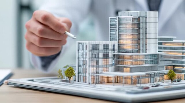 Professional reviewing a detailed architectural model of a modern building complex