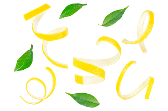 collection of vibrant yellow lemon zest peels and fresh green citrus leaves floating dynamically against a pure black studio background, perfect for culinary designs.