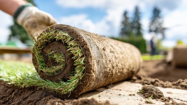 Close-up of a large roll of fresh green sod being installed on new topsoil