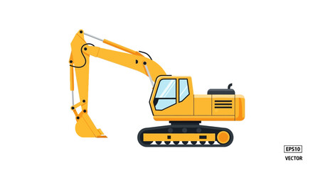 Yellow excavator with bucket on white background.