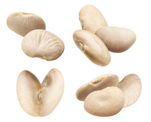 realistic photograph showcasing a collection of large, smooth white lima beans, highlighting various angles and textures, isolated on a transparent background.