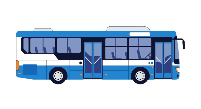 Illustration of a blue and white bus on a white background.