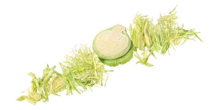 photograph capturing a visually appealing arrangement of fresh, crisp green cabbage, featuring finely sliced shreds and a partial head, isolated on black.
