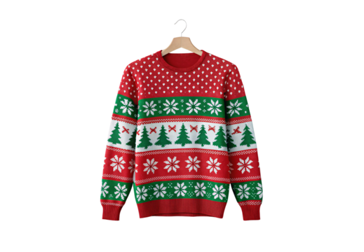 Christmas sweater, festive holiday knit with snowflakes trees and fair isle patterns, isolated on a transparent background