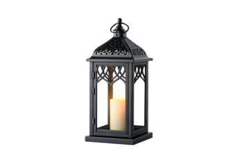 Black decorative metal lantern with ornate filigree design, glowing LED candle inside glass panels, isolated on a transparent background