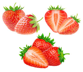 collection of fresh ripe strawberries, whole and sliced, isolated on a pure transparent background, detailed studio photograph showcasing vibrant red color.