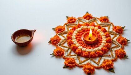 Fototapeta premium A Diwali Festival themed Rangoli design using Marigold and leaf, with an Oil Lamp placed above it against a white background
