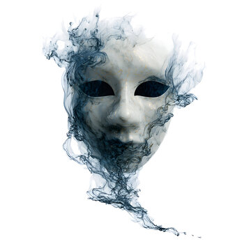 Mystery Unveiled: An ethereal mask shrouded in swirling, shadowy mist, inviting introspection and intrigue, revealing hidden depths and veiled secrets.