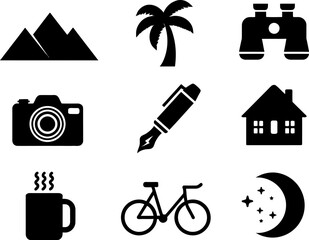 Travel adventure vacation s set for outdoor activities and holiday planning vector graphic design elements vector silhouette set, silhouette illustration.