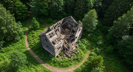 Aerial view reveals a dilapidated wooden structure nestled in a lush, green forest, sunlight dappling the scene